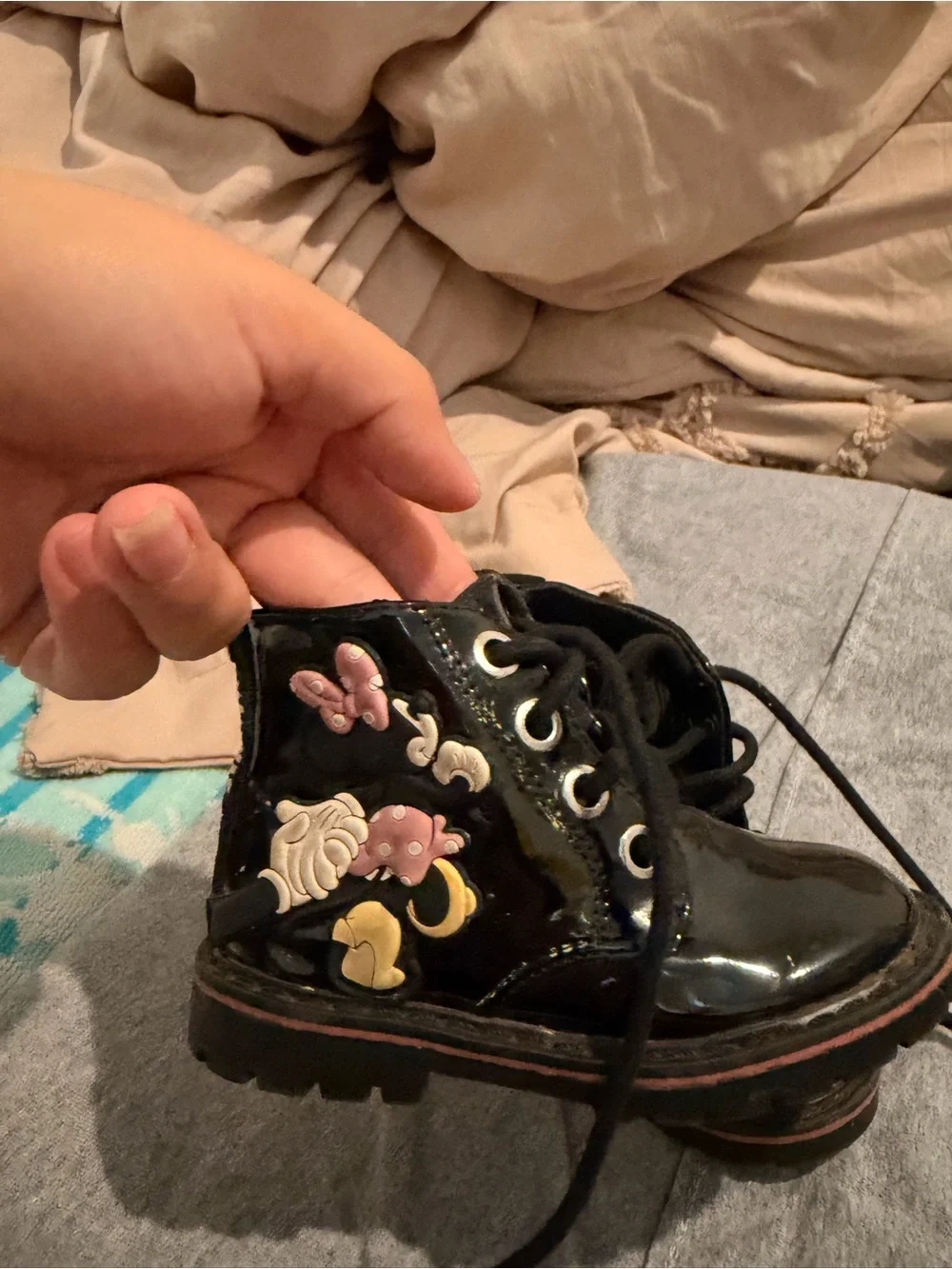 Kids Black Patent Lace-Up Boots with Character Accents